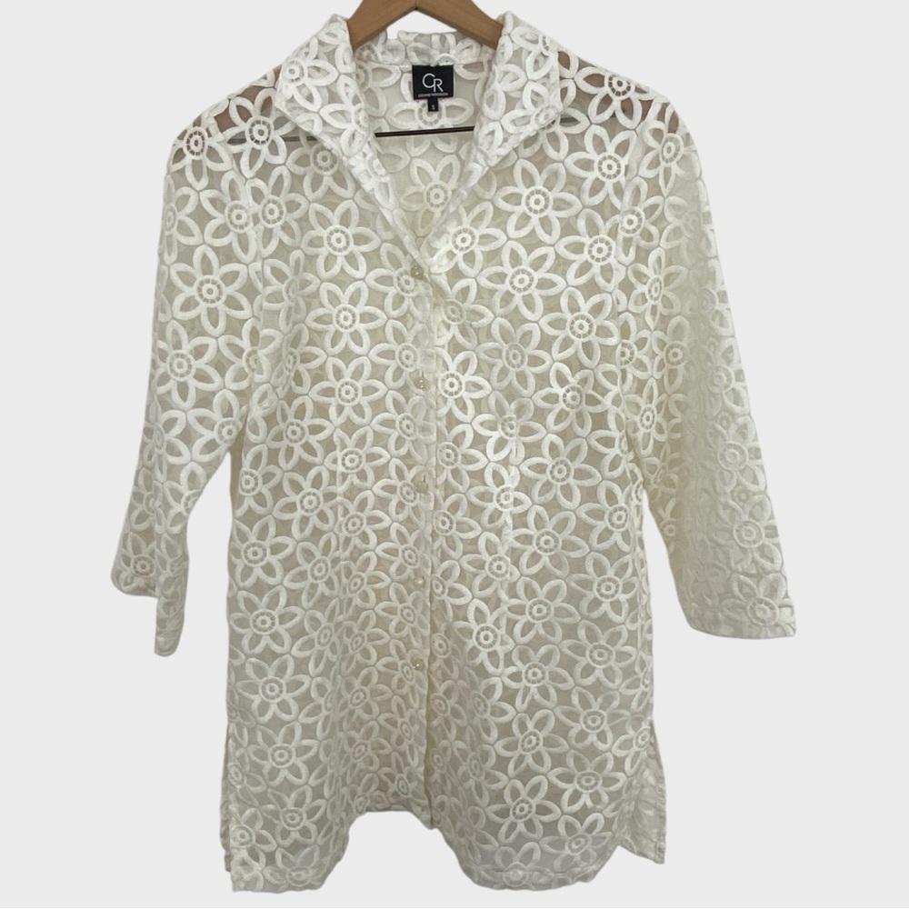 Connie Roberson White Appliqué Floral Crystal Button Topper Jacket Size Small